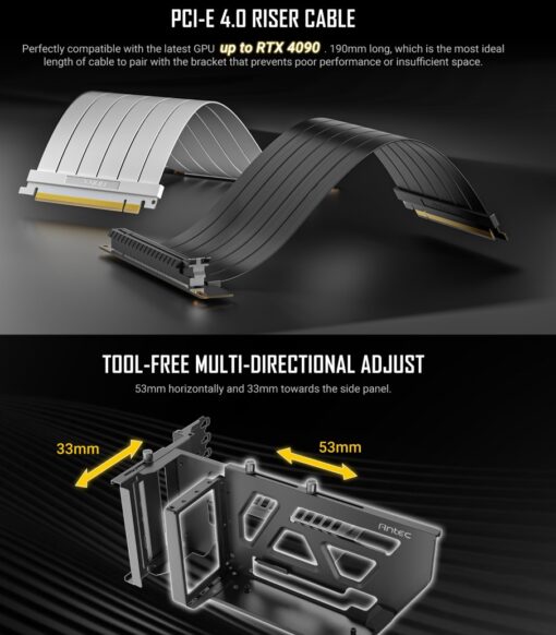 Antec Adjustable Vertical GPU Bracket and PCI-E 4.0 Riser Cable Kit (190mm) White x16 Speed, Gold Plated extreme stability  performance. 4090, 7900xt