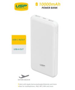 USP 10K mAh Power Bank (37W) with Triple Ports (USB-C + Dual USB-A) White - LED Power Indicator,Fast  Safe,Intelligent Charging,Meet Airport Aviation