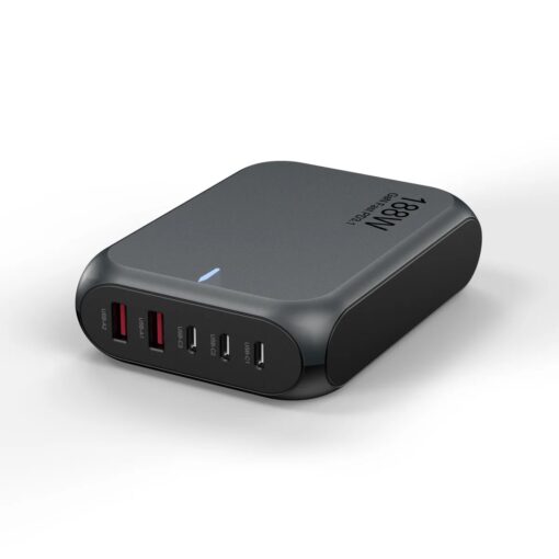 USP 188W Five Ports USB-C PD GaN Wall Charger Black - 3x USB-C, 2x USB-A, Efficient, High Quality, Tablet, Laptop,Watch, iPhone, Samsung Galaxy - Image 2