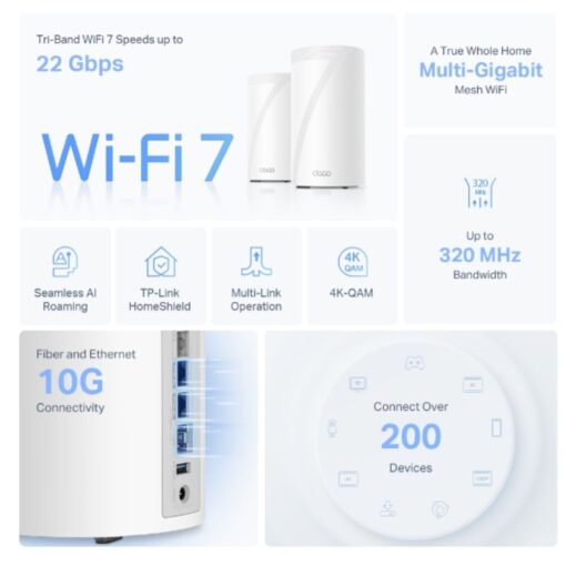 TP-Link Deco BE85(3-pack) BE22000 Tri-Band Whole Home Mesh Wi-Fi 7 System (WIFI7) 1376 Mbps at 2.4 GHz + 8640 Mbps at 5 GHz + 11520 Mbps at 6 GHz - Image 3