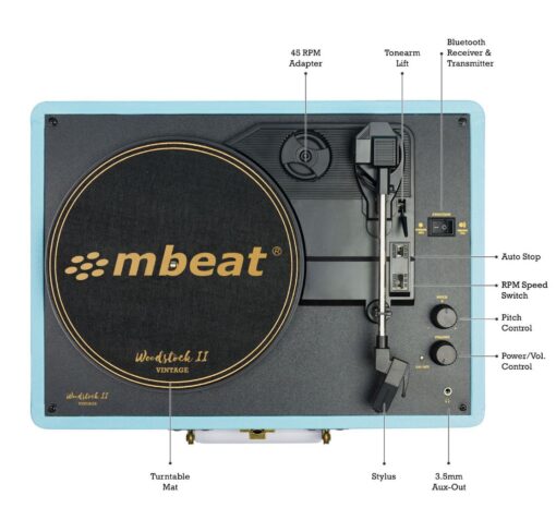mbeat®  Woodstock 2 Sky Blue Retro Turntable Player with BT Receiver  Transmitter Built-in Bluetooth receiver eaturing 3 speed settings Weight: 3.2kg - Image 2
