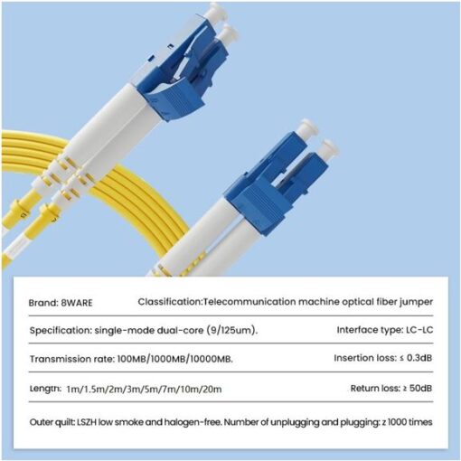 8ware Fibre UPC LC-LC Single Mode OS2 Dual-core Optic Duplex Armored Low smoke zero halogen (LSZH) cable Yellow 10M - Image 2