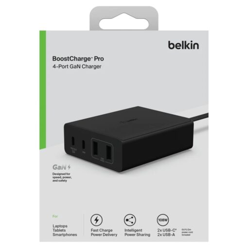 Belkin BoostCharge Pro 4-Port GaN Charger 108W - Black(WCH010auBK),2xUSB-C  2xUSB-A,2M Cable,Intelligent and Fast Charger,Compact Laptop Charger,2YR MPA-WCH010AUBK - Image 4