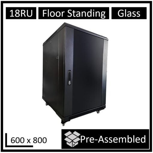 LDR Assembled 18U Server Rack Cabinet (600mm x 800mm) Glass Door, 1x 8-Port PDU, 1x 4-Way Fan, 2x Fixed Shelves - Black Metal Construction RCLDR-FS800-18U-A