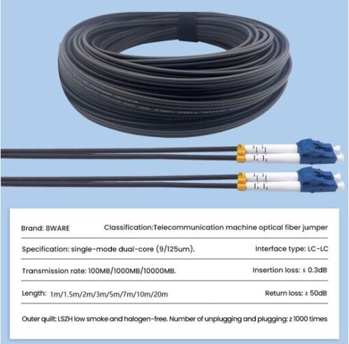 8ware Fibre UPC LC-LC Single Mode OS2 Dual-core Optic Duplex Armored Low smoke zero halogen (LSZH) cable Black 2M - Image 2