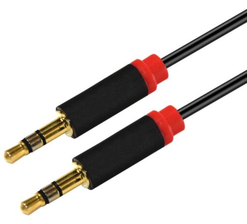 Astrotek 1m Stereo 3.5mm Flat Cable Male to Male Black with Red Mold - Audio Input Extension Auxiliary Car Cord | AT-3.5MMAUX-1
