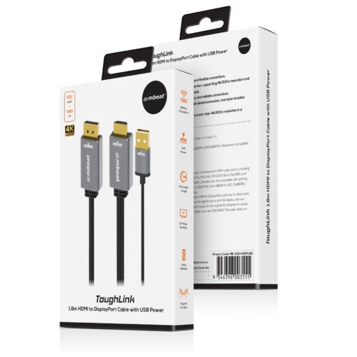 mbeat Tough Link 1.8m HDMI to DisplayPort Cable with USB Power  4K@60Hz (3840×2160), 1440p@120Hz, 1080p@120Hz Package Weight: 150g | MB-XCB-HDDPU18 - Image 4
