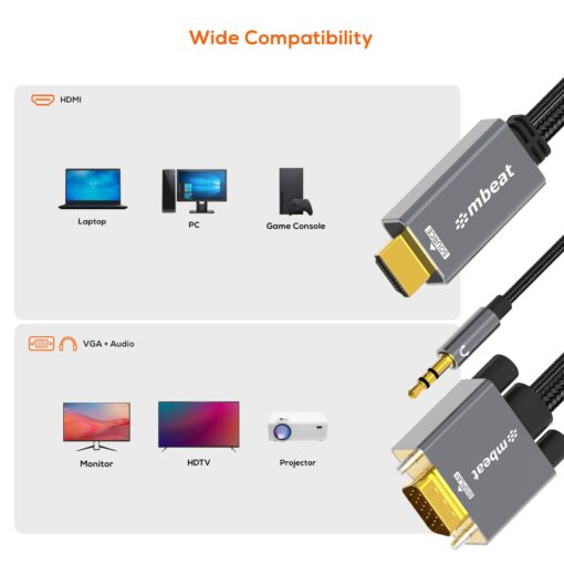 mbeat Tough Link 1.8m HDMI to VGA Cable with USB Power  3.5mm Audio Up to 1080p@60Hz (1920×1080) HDMI (Male)×1; USB-A (Connect to Power)×1 | MB-XCB-HDVGAUX18 - Image 3