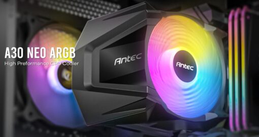 Antec A30 NEO ARGB CPU Air Cooler with 800 - 2000 RPM. 43.82 CFM max,  23.2 dB(A) 4 pin PWM LED 3 PIN. Performance CPU Cooler. TDP 125w. Intel AMD | A30 NEO ARGB