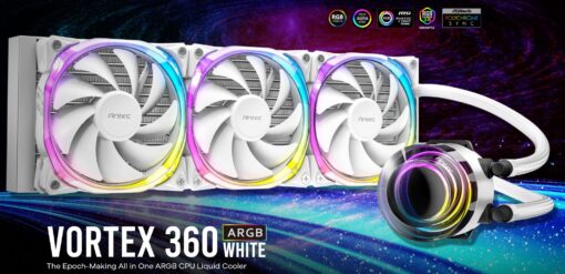 Antec VORTEX 360mm ARGB Whte Liquid CPU Cooler ARGB Controller, EPDM High-Density Tubing, LGA 115x, 1200, 1700, 20xx, AM3, AM4 AM5,TR4 3 Yrs Wty (LS) | VORTEX 360A RGB W