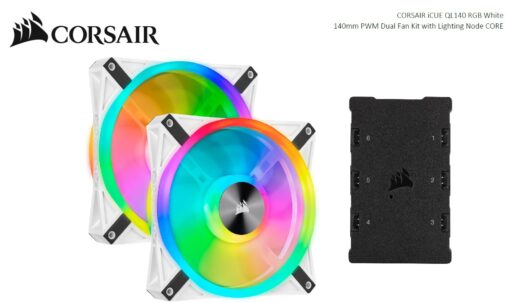 Corsair QL140 RGB White Dual Fan Kit with Lighting Node Core, ICUE, 140mm RGB LED PWM Fan 26dBA, 50.2 CFM, 2 Fan Pack | CO-9050106-WW