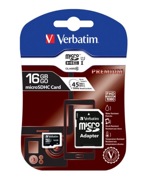 Verbatim Micro SDHC 16GB (Class 10) with Adaptor Up to 45MB/Sec 300X read speed | 44082