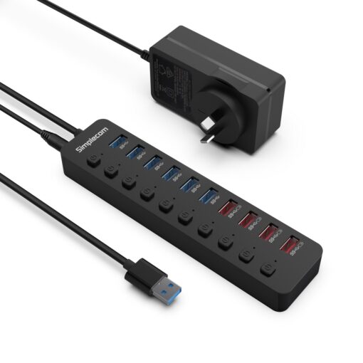 Simplecom CHU810 48W 10-Port USB 3.0 Hub and Charger with Individual Switches 12V/4A Power Adapter BC1.2 Fast Charging | CHU810