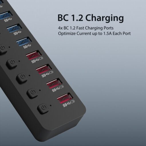 Simplecom CHU810 48W 10-Port USB 3.0 Hub and Charger with Individual Switches 12V/4A Power Adapter BC1.2 Fast Charging | CHU810 - Image 4