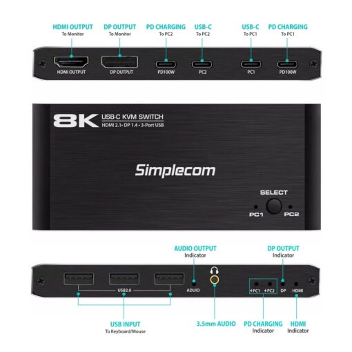 Simplecom KM470 2-Port USB-C KVM Switch 8K Docking Station HDMI 2.1 DP for Laptop Tablet - Image 3