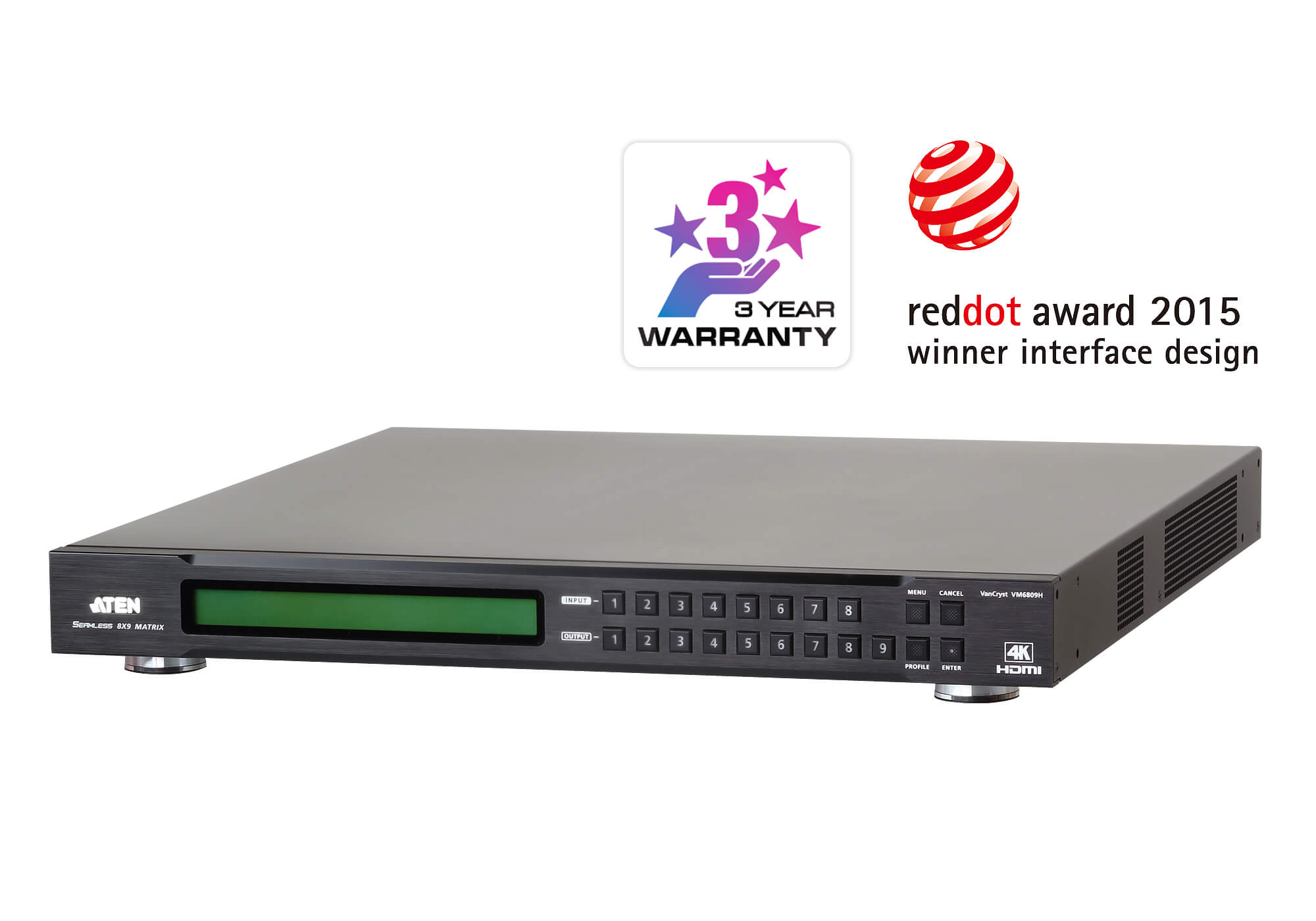 Aten Professional Matrix 8x9 4K HDMI Matrix with Scaler, Seamless Switch, control via front-panel pushbuttons, IR remote and RS232 control | VM6809H-AT-U