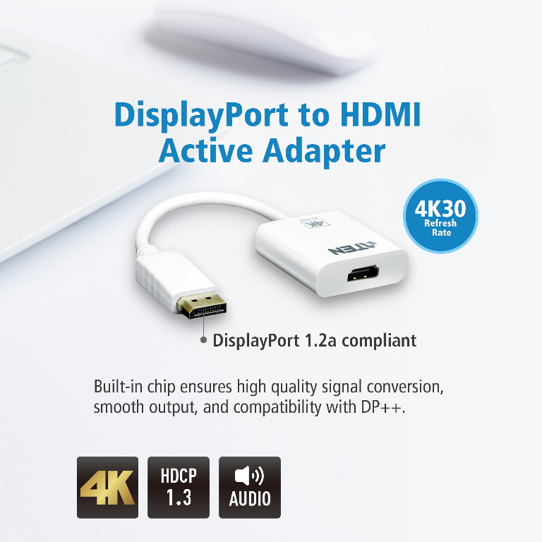 Aten 4K DisplayPort to HDMI Active Adapter, Supports VGA, SVGA, XGA, SXGA, UXGA, 1080p resolutions up to 4K UHD, Supports AMD Eyefinity, DP to HDMI | VC986-AT