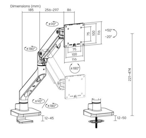 Brateck LDT81-C012-W NOTEWORTHY HEAVY-DUTY GAS SPRING MONITOR ARM For most 17'~49' Monitors, Fine Texture White (LS) | LDT81-C012-W - Image 3
