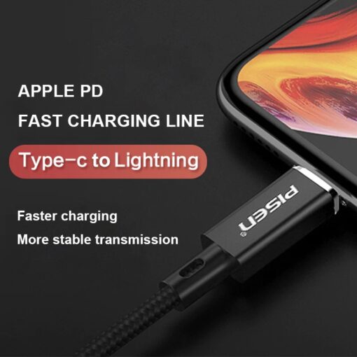 Pisen Braided Lightning to USB-C PD Fast Charge Cable (1M) Black - Support 3A, Anti-Breaking, Reinforced  More Durable, Apple iPhone/iPad/MacBook - Image 2