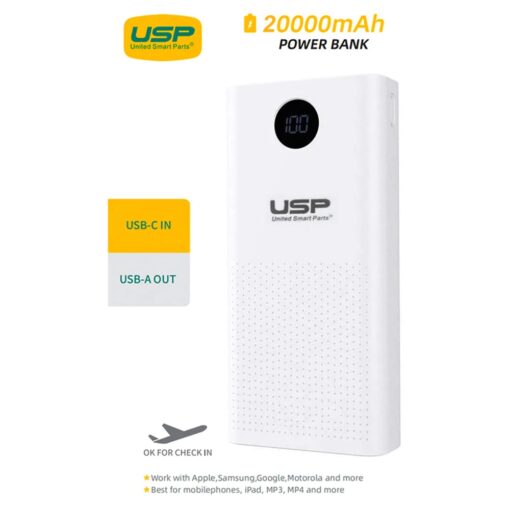 USP 20K mAh Power Bank - White, 2 USB-A Outputs (5W  10W), 2 USB Input, Digital Display, Comfortable Grip, Charge 2 Devices, Intelligent Matching | 6972890208115