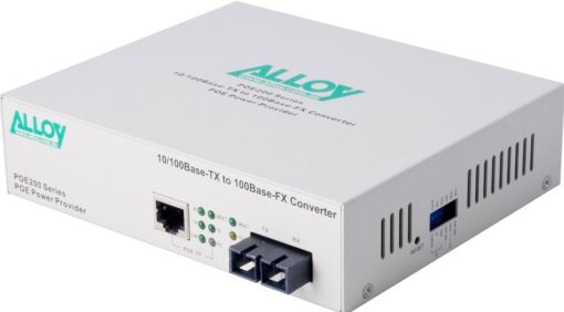 Alloy POE200SC PoE PSE Fast Ethernet Media Converter, has a 10/100Mbps PoE RJ-45 port and a SC terminated multimode fibre port | POE200SC