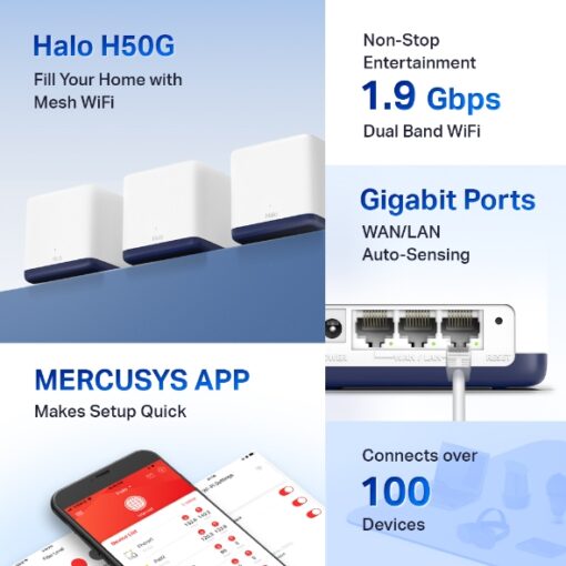 Mercusys Halo H50G(3-pack) AC1900 Whole Home Mesh Wi-Fi System, 500m², 1300Mbps/600Mbps, 3xGigabit Port Per Unit, QoS, Router, Access Point | Halo H50G(3-pack) - Image 3