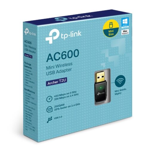TP-Link Archer T2U AC600 Wireless Dual Band USB Adapter 2.4GHz (150Mbps) 5GHz (433Mbps) 1xUSB2 802.11ac 1x Omni Directional Antenna WPS button | Archer T2U