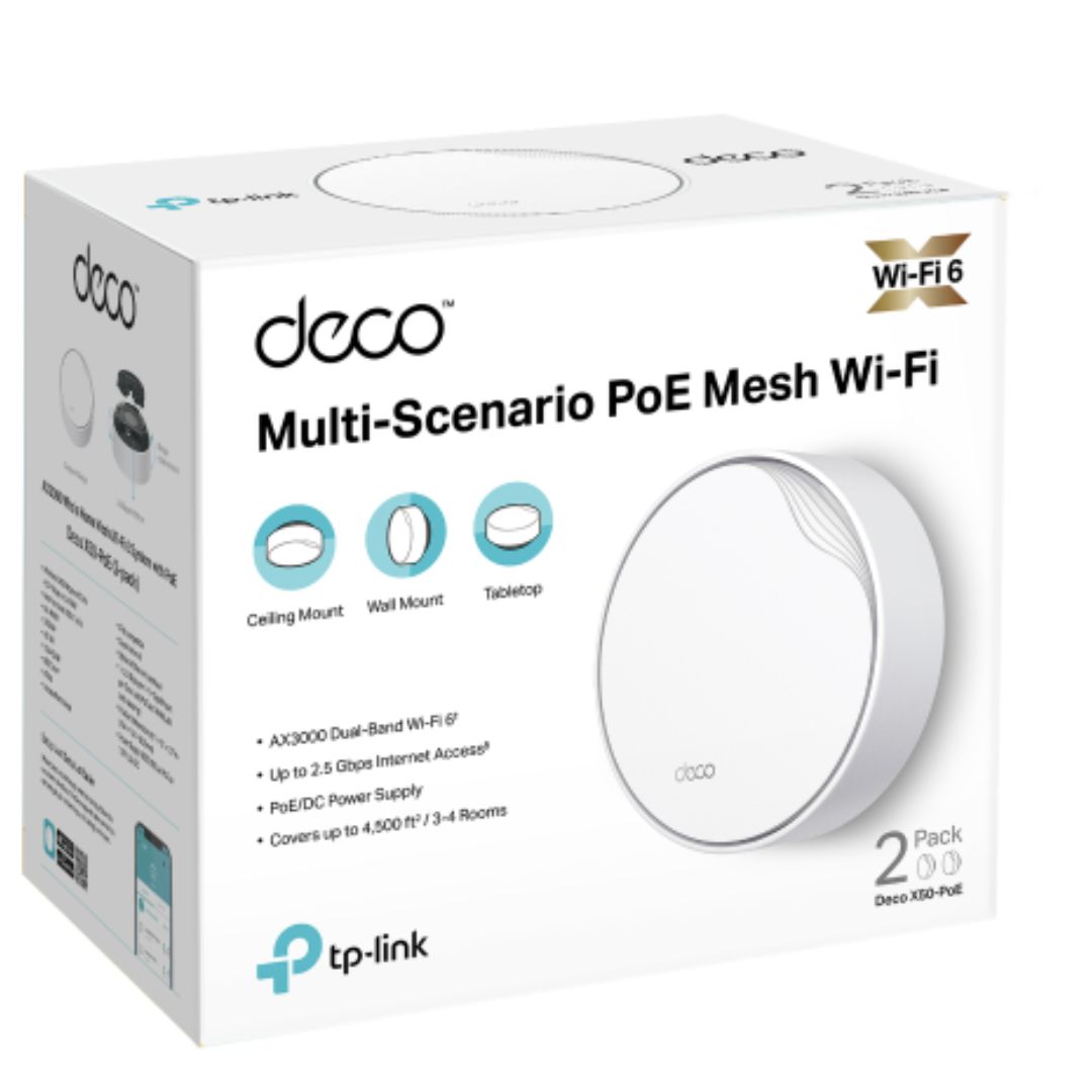 TP-Link Deco X50-PoE(2-pack) AX3000 Whole Home Mesh WiFi 6 System with PoE, 574 Mbps at 2.4 GHz + 2402 Mbps at 5 GHz | Deco X50-PoE(2-pack)