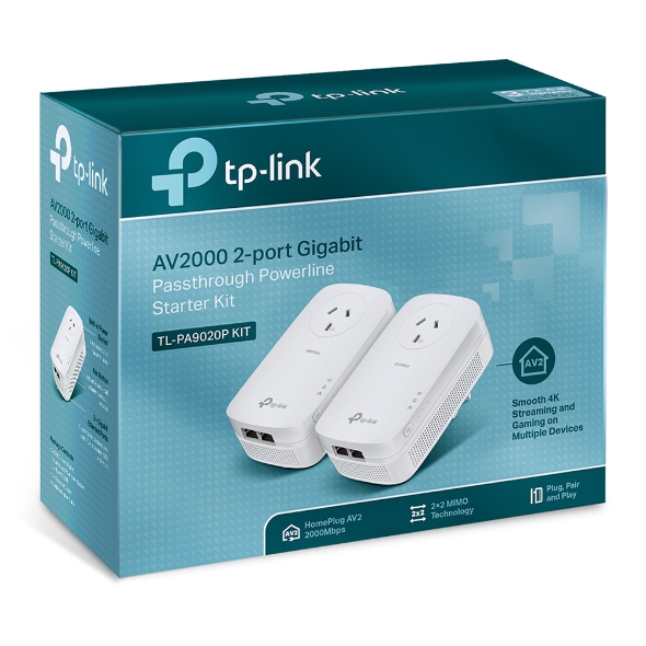 TP-Link TL-PA9020P KIT AV2000 2-Port Gigabit Passthrough Powerline Starter Kit, HomePlug AV2, Up To 2000Mbps, 2X2 MIMO With Beamforming, Plug and Play | TL-PA9020P KIT