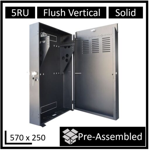 LDR Assembled 5U Flush Wall Mount Vertical Cabinet (570mm x 250mm) - 4U Rack For Gear  2U Mount For Patch Panels - Black Metal Construction | WB-FT