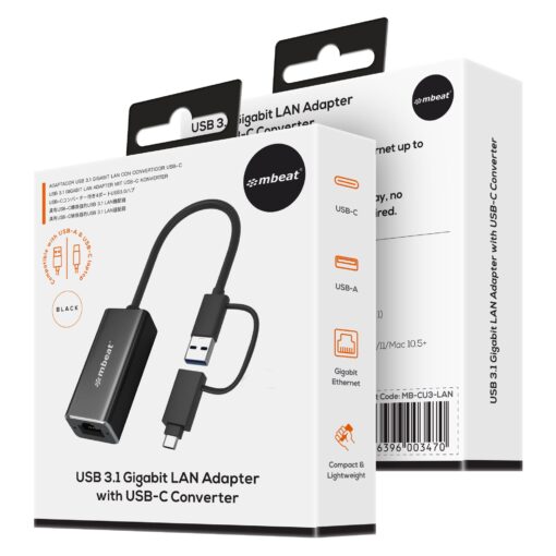 mbeat 2-in-1 USB 3.1 Gigabit LAN Adapter with USB-C Converter/ USB 3.1/ RJ45/ Transfer Speed: 10/100/1000Mbps Weight: 32.6g | MB-CU3-LAN - Image 4