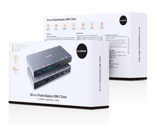 mbeat 15-in-1 Triple Display USB-C Docking Station 2x HDMI 1x DP 1x 100W PD 3.0 1x USB-C 3.1 Gen2 3x USB 3.0 1x USB 3.1 Gen2 MicroSD/SD Card 1x 1Gb - Image 4